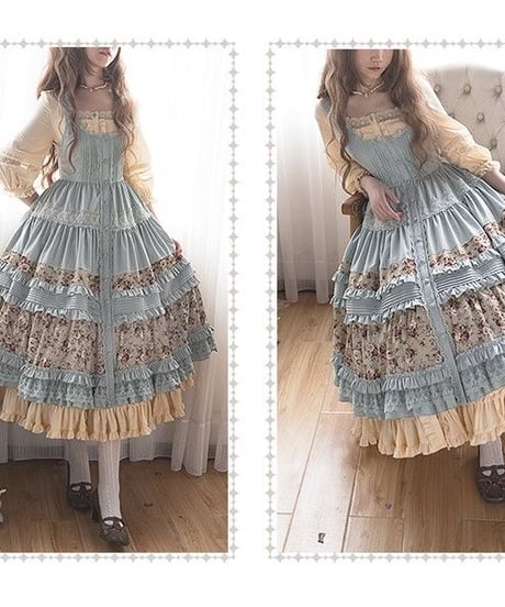 Jewelry in Sunrise -Jenny and Mentha Tea- グレーグリーン クラシック ロリータ ジャンパースカート ドレス ワンピース XL[LO50]