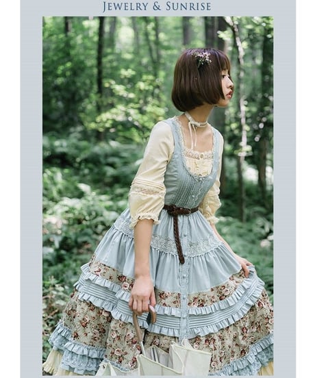 Jewelry in Sunrise -Jenny and Mentha Tea- グレーグリーン クラシック ロリータ ジャンパースカート ドレス ワンピース XL[LO50]