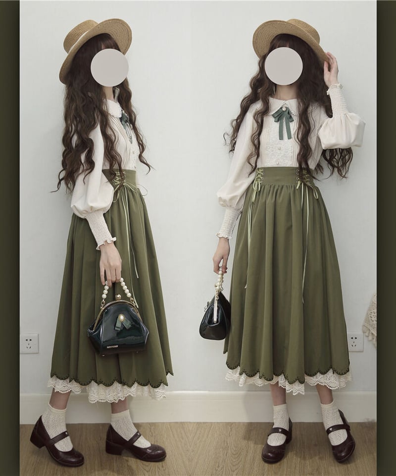 EESSILY 令嬢の秋の旅行 サイド編み上げスカート＋長袖ブラウス セット