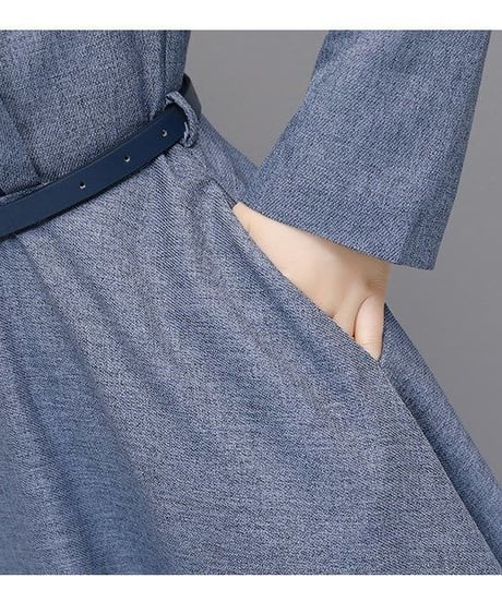 レトロなカレッジ風 ドールカラーのドレス 長袖のビッグスイングスカート ワンピ―ス  [OP87]