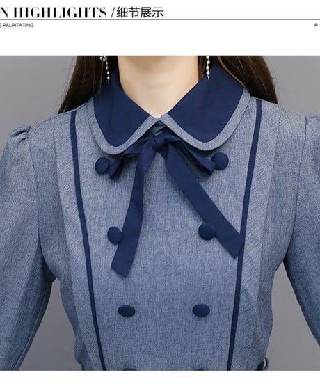 レトロなカレッジ風 ドールカラーのドレス 長袖のビッグスイングスカート ワンピ―ス  [OP87]