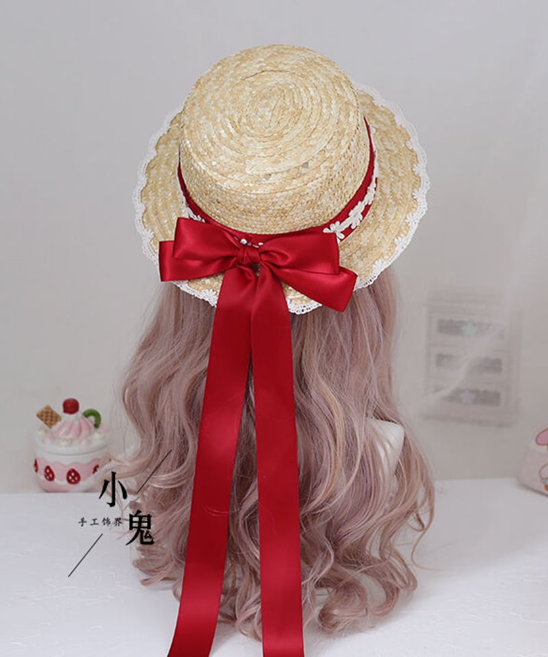 サテンリボン 麦わら 帽子 ロリィタ ハット [LO488] | Roses on