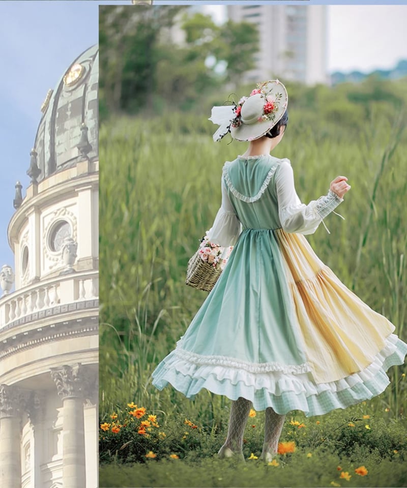 ライトグリーン チェック生地をアクセントにした 丸ヨークのかわいい