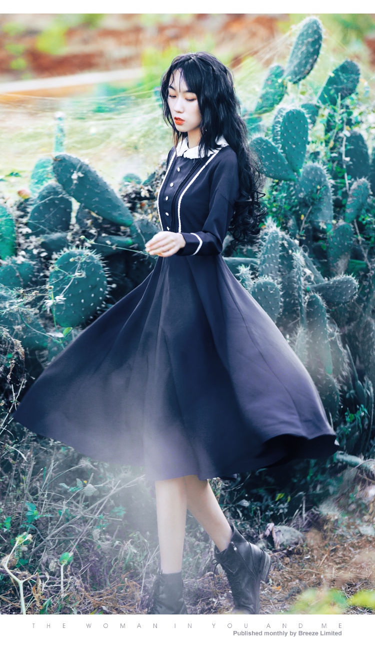 長袖ドレス マリーン風 ネイビーと白のコントラストのワンピース XL