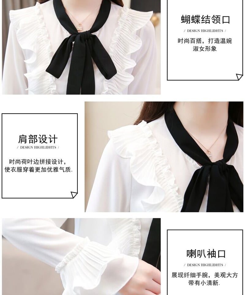 プリーツフリルを前身頃と袖口にあしらった黒リボンのボウタイブラウス