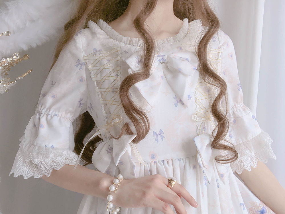 オリジナル ジェムストーン ラビット柄 サックス 半袖 フレアスリーブ