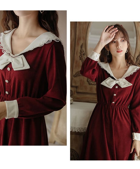 セーラー風ネック コーデュロイ レース縁取り襟 ワンピース XL [OP339]