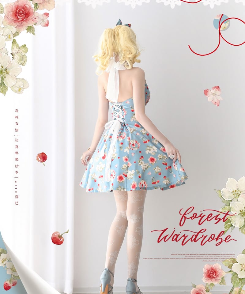Forest Wardrobe 初夏の苺絵本 ホルターネックワンピース Forest Wardrobe 初夏の苺絵本 ホルターネックワンピース