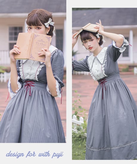 with PUJI グレーストライプ ロリィタドレス コルセットワンピース（小鈴蘭op ） L [LO371]