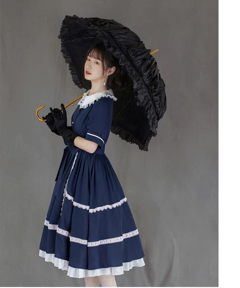 classy lady フリル ワンピース 紺 青 ネイビー ロリータ ロリィタ classy lady フリル ワンピース 紺 青 ネイビー ロリータ