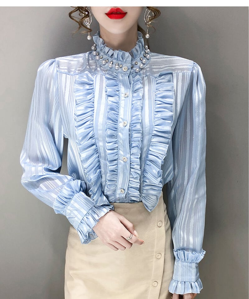フリル ストライプ スタンドカラー 長袖 ブラウス XL [BL279] | Roses