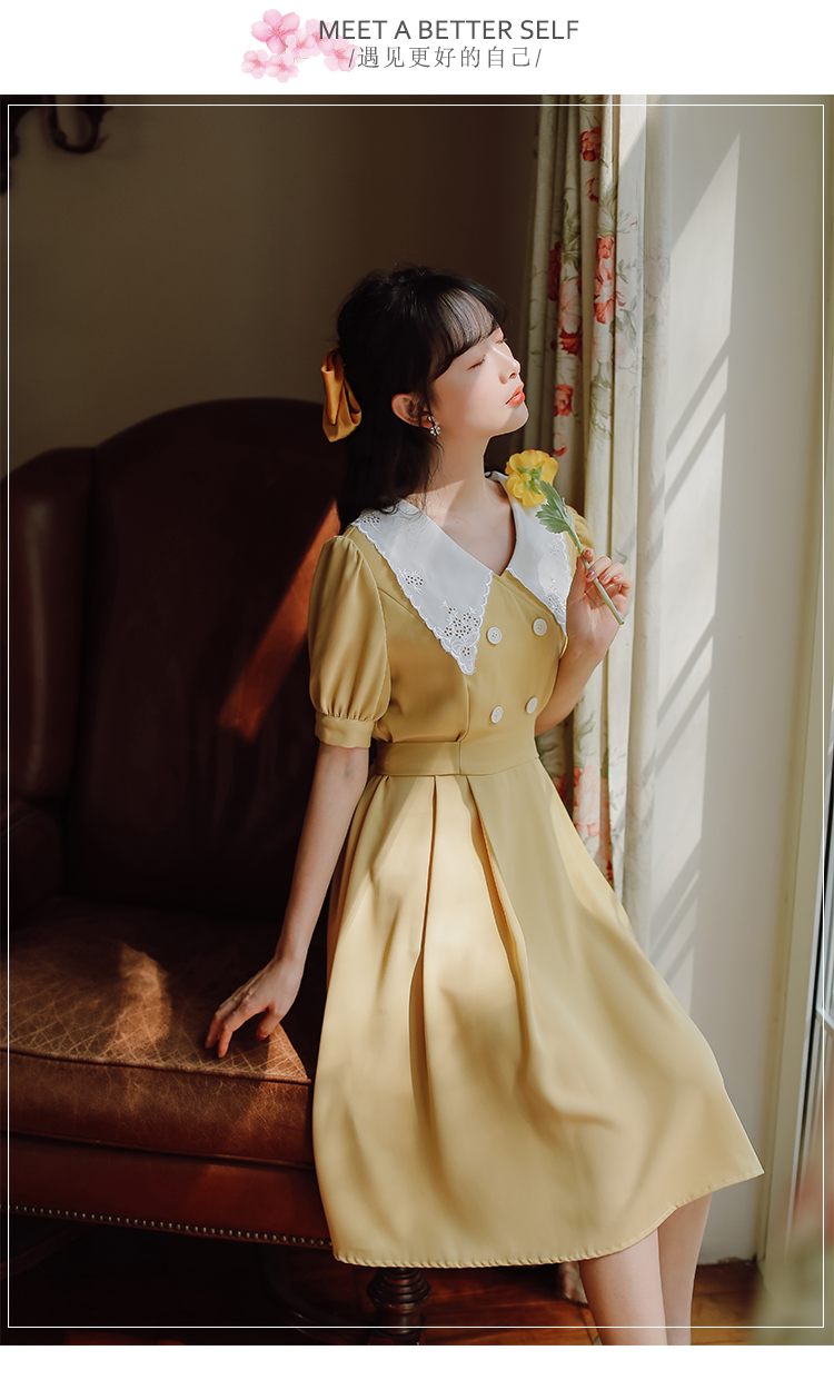 イエロー レース三角ドールカラー 半袖 ワンピース L [OP337] | Roses