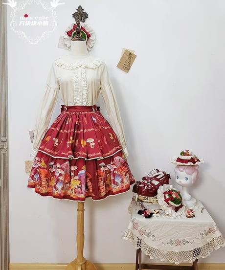 Miss Cube きのこの妖精 ロリィタドレス 胸当て付き吊スカート、ブラウス、ケープ  [LO939]