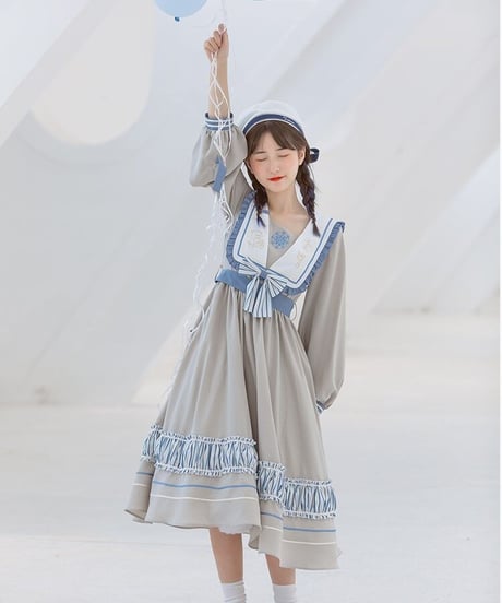 グレー＆ブルー セーラーカラー ロリィタドレス ワンピース（环岛日记op ） L [LO272]
