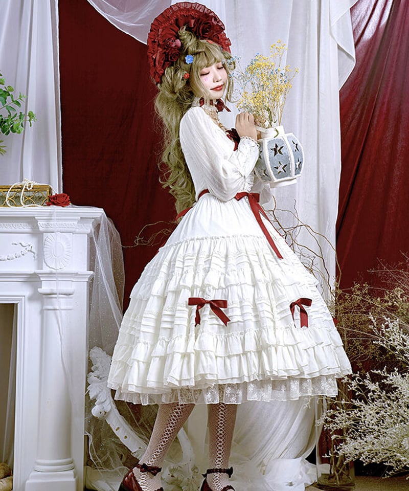 【美品】薔薇のお茶会ワンピース/ロリィタ/半袖/リボン 薔薇少女 クラシックロリィタ リボン4個＋ウエストリボン[LO195