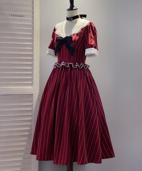 薔薇往事 ストライプ 刺繍レースドールカラー ペプラムフリル クラシック ロリィタ ワンピース XXL [LO176]