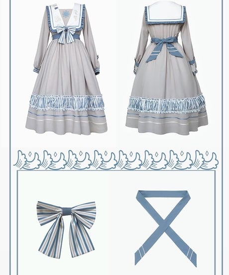 グレー＆ブルー セーラーカラー ロリィタドレス ワンピース（环岛日记op ） L [LO272]