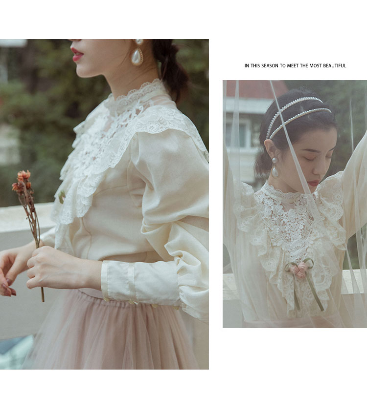 アイボリー アンティーク風 レーススタンドカラー ロングカフス