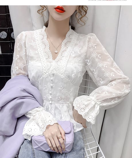 ホワイト Vネック刺繍レース キャンディスリーブ ブラウス XL [BL263]