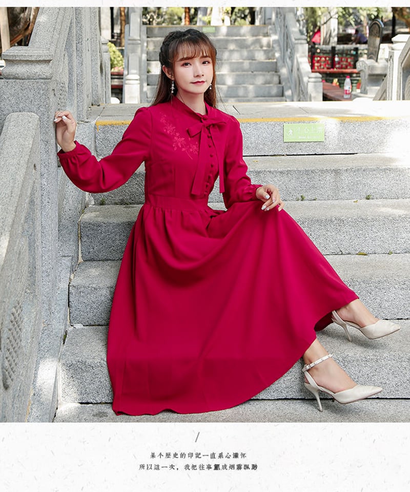 レッド ボウタイ シフォン 刺繍 レトロ ロングワンピース XL [OP20