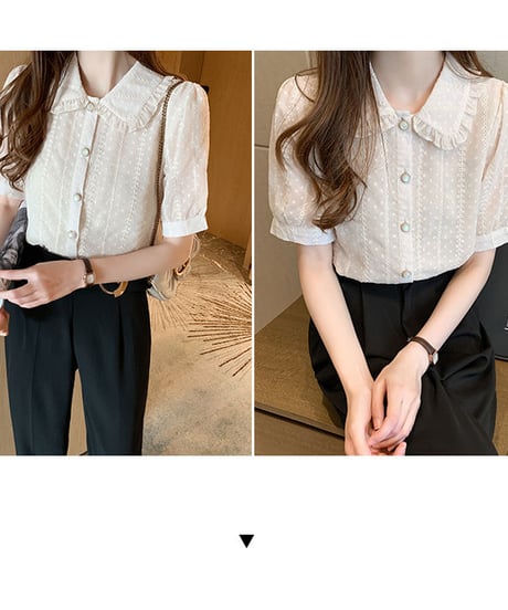 アプリコット シフォンレース 七分袖 フリルドールカラー ブラウス XXL [BL243]