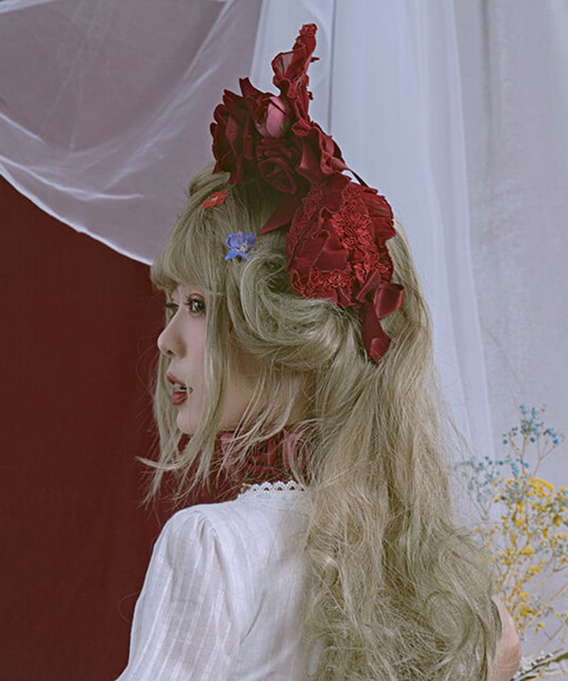 漆黒のバラ柄アンティークレースボンネットドレス】