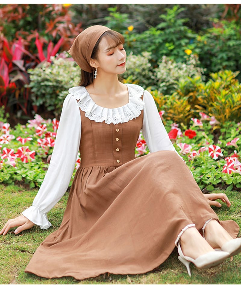 綿素材 ラウンドネックフリル インナーワンピースとジャンパースカート