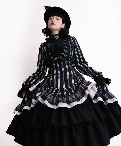 Miss Point / Point Manor クラシックロリィタ 黒白ストライプSP版 長袖ワンピース、コルセットスカート  [LO622]