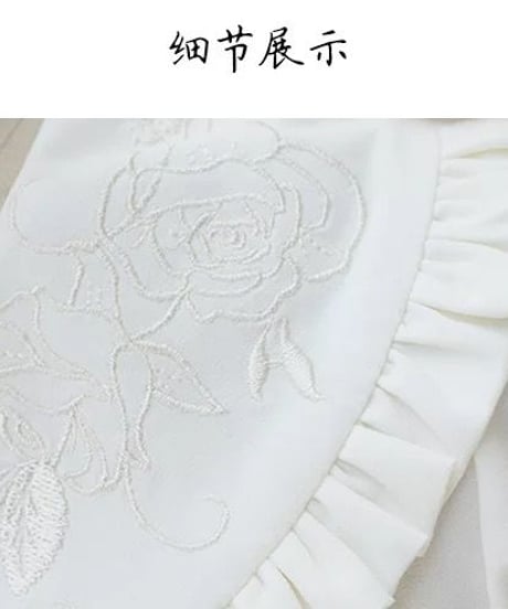 ホワイト 半袖 薔薇刺繍 ドールカラー レース パフスリーブ ロリィタ ブラウス 暗香 XL [LO107]