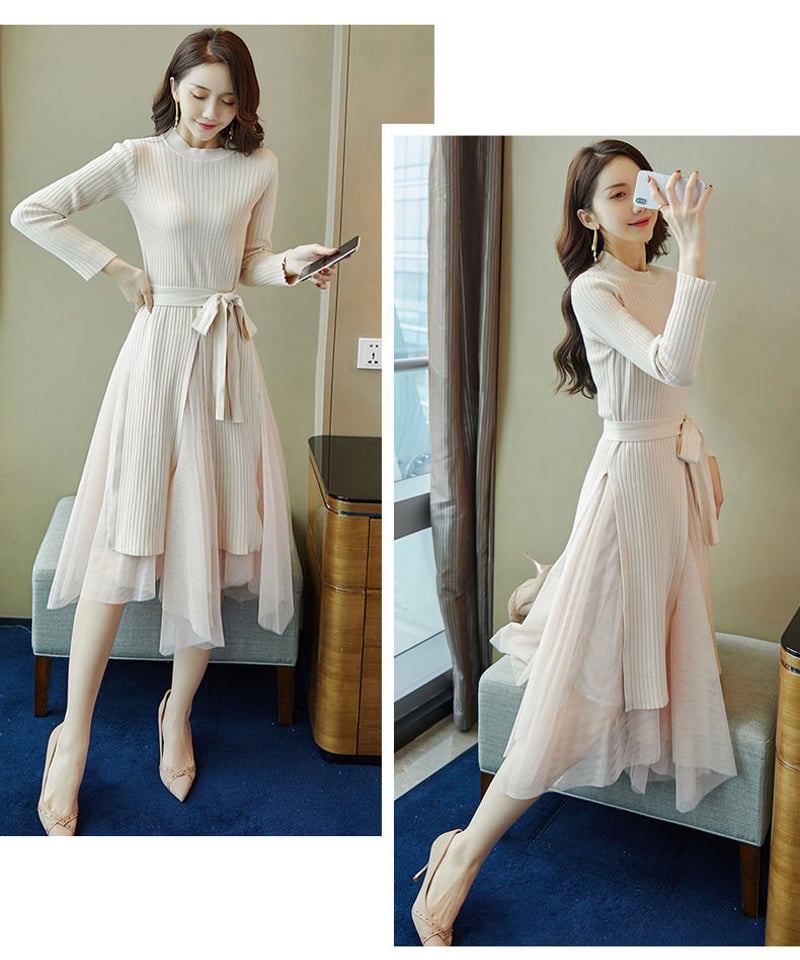 とてもおしゃれな ニットワンピースとチュールスカートのセット XL