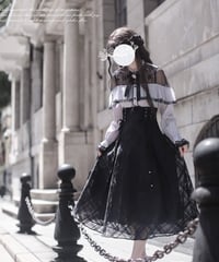 黒リボン 長袖プリーツラッパ袖 シフォン シャツブラウス XXLサイズ