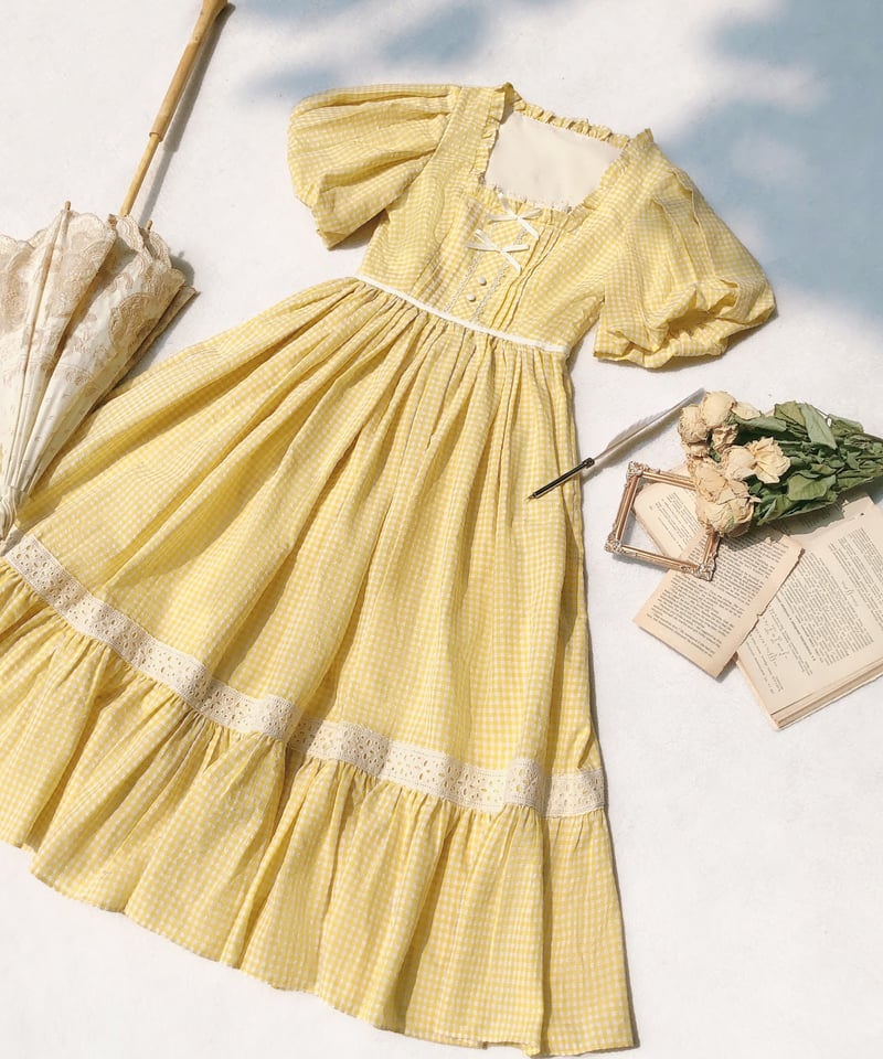 ロリータドレス イエロー チェック柄 フリル　胡桃木　エプロン　ワンピース 胡桃木JK / ベル フレンチ レトロ スイートエレガント ロリィタ