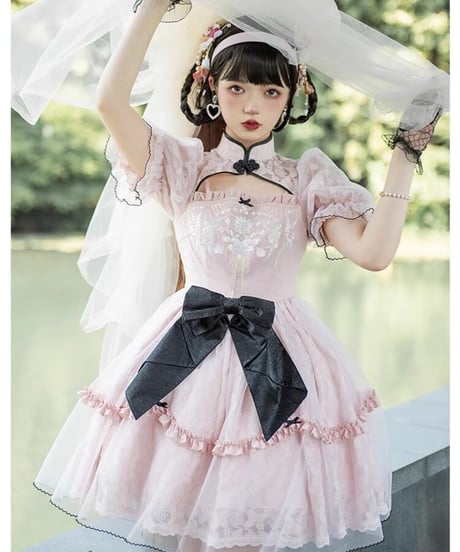 with PUJI  / 中華風 ロリィタドレス 長安謡 半袖ワンピース ピンク XL[LO844]