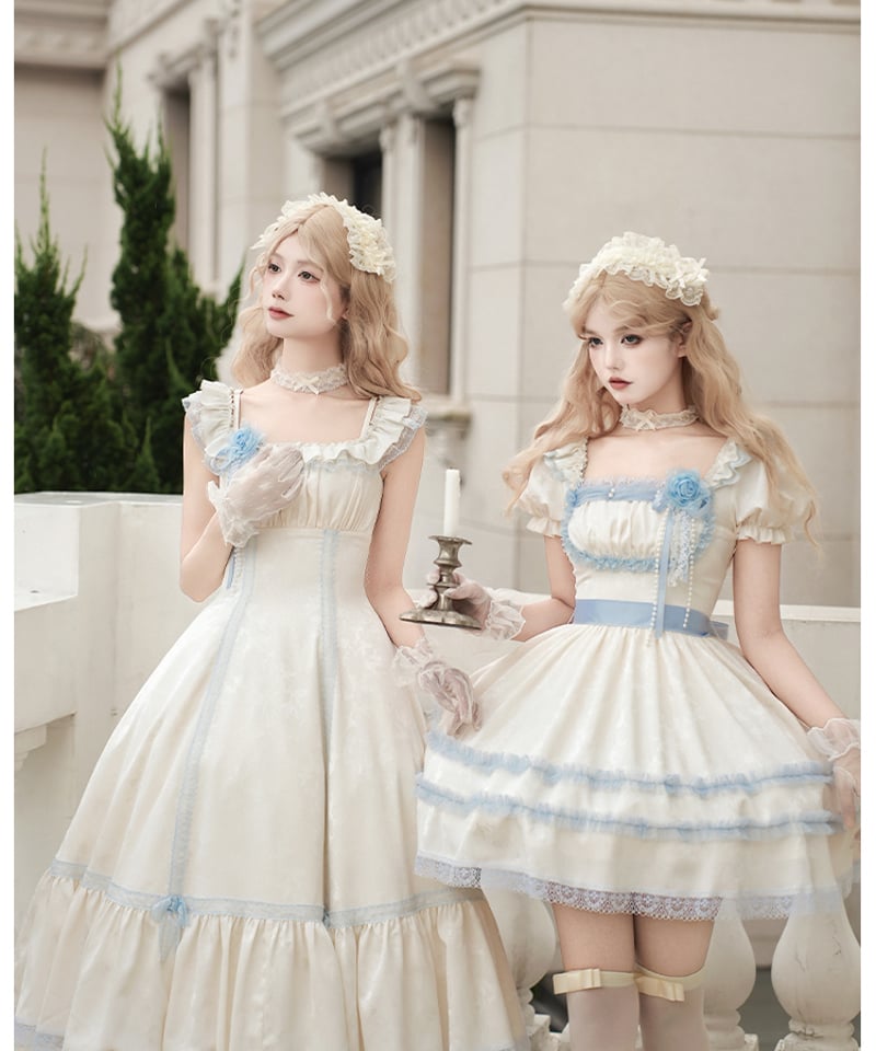 【新品】アイボリー ロリータドレス 4点セット Han Girl】星之恋曲ロリィタドレス4点セット 青ピンク&生成り
