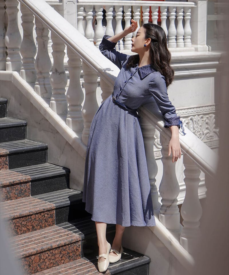 レトロなカレッジ風 レース使いドールカラーのドレス 七分袖のロング