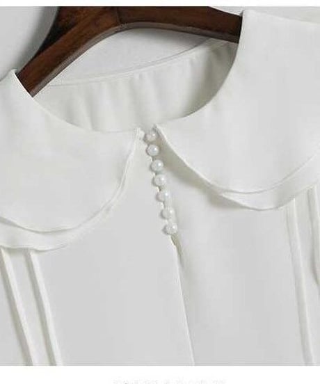 ホワイト 二重ドールカラー ボタン装飾 長袖パフスリーブ ブラウス XXL [BL190]