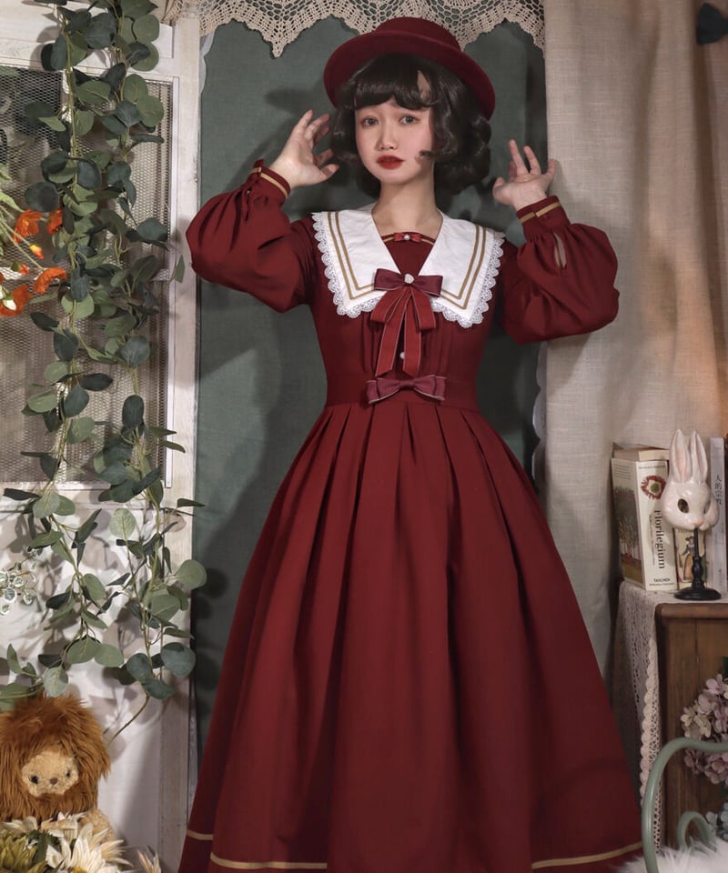 研修生OP カレッジ風 ロリィタワンピース セーラーカラー付け襟 ＋帽子