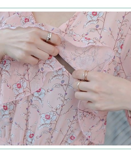ピンクフリルのかわいい 産後向けの シフォンワンピース 授乳口つき  [OP175]