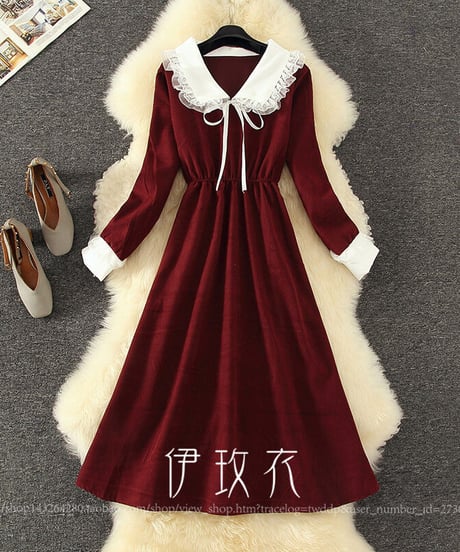 白別布 レースドールカラー コーデュロイ ロングワンピース  2XL [OP312]
