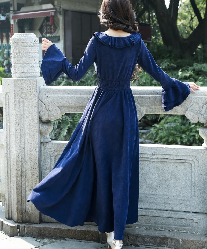 フレアスリーブ ドレス レトロエレガントなハイウエスト ロング