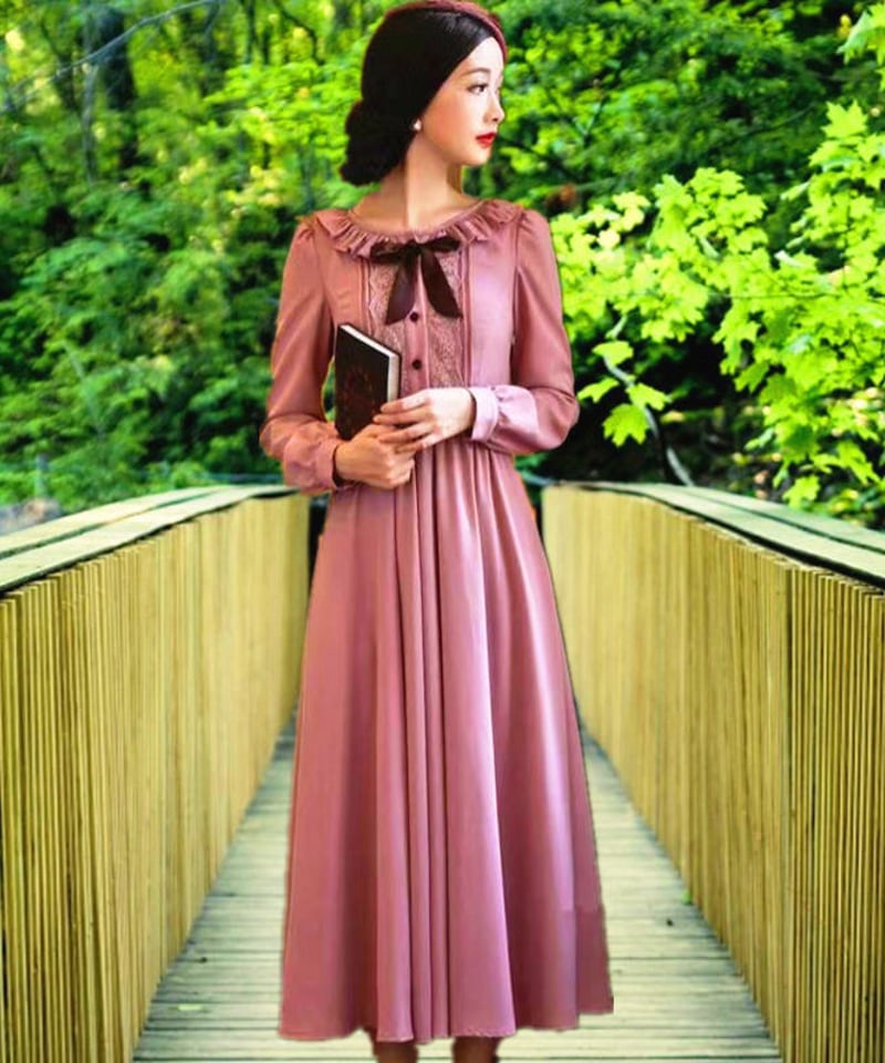 パープル フリルのネックラインの綺麗なレトロなお嬢様ワンピース XL