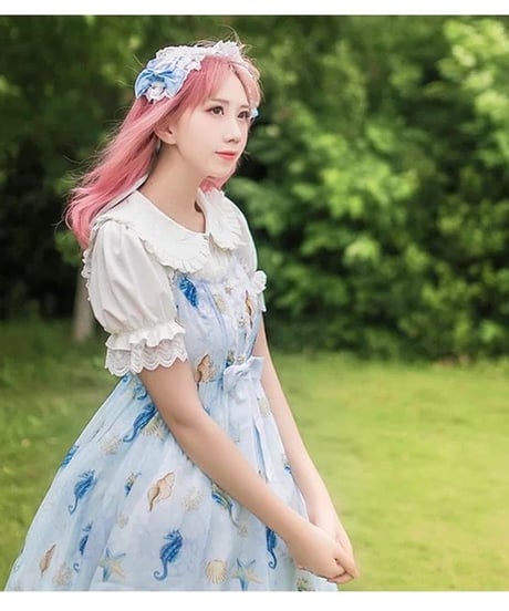 ホワイト 半袖 薔薇刺繍 ドールカラー レース パフスリーブ ロリィタ ブラウス 暗香 XL [LO107]