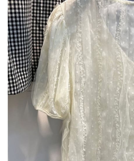 フリルとパールのVネックドールカラー  半袖 シフォンブラウス XL [BL291]