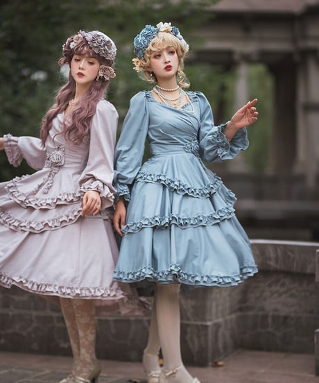 いばら姫 アッシュブルー ロリィタドレス ワンピース＋帽子 2XL [LO232]