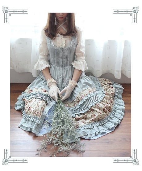Jewelry in Sunrise -Jenny and Mentha Tea- グレーグリーン クラシック ロリータ ジャンパースカート ドレス ワンピース XL[LO50]