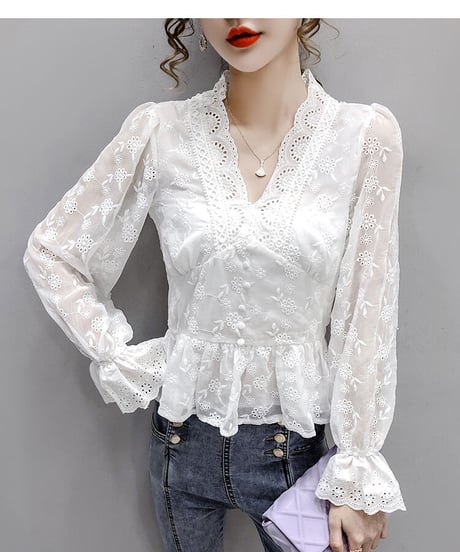 ホワイト Vネック刺繍レース キャンディスリーブ ブラウス XL [BL263]