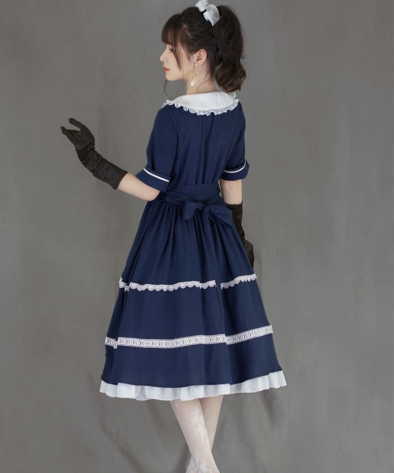 ネイビー フリルドールカラー クラシックロリィタ 半袖ワンピース 琴音