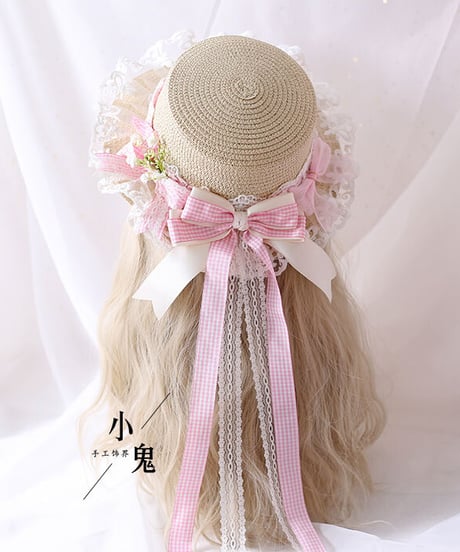 ロリィタ ストローハット カンカン帽 ピンクギンガムチェック リボン ロングテール [LO100-21]