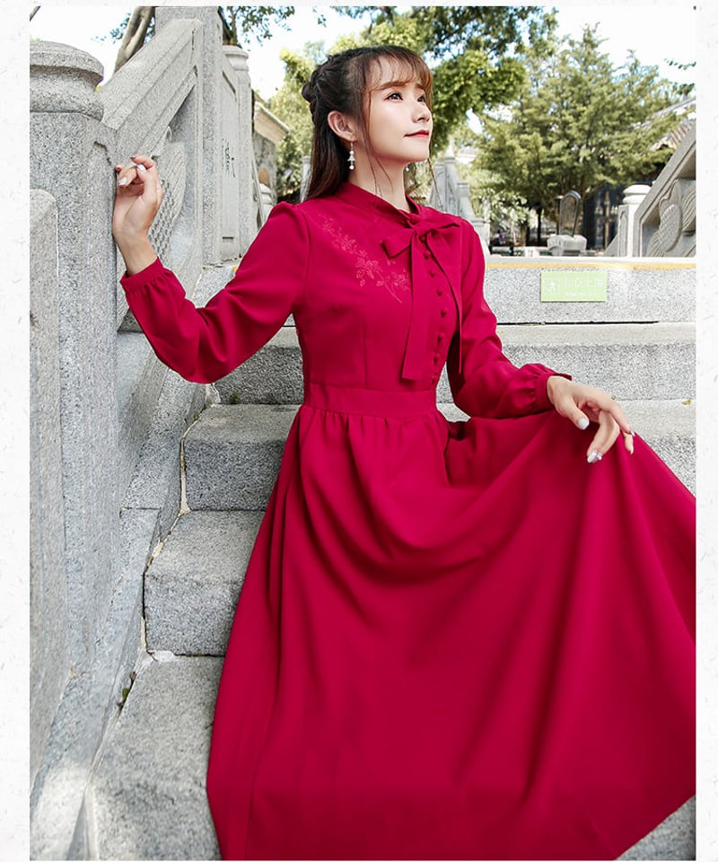 レッド ボウタイ シフォン 刺繍 レトロ ロングワンピース XL [OP20