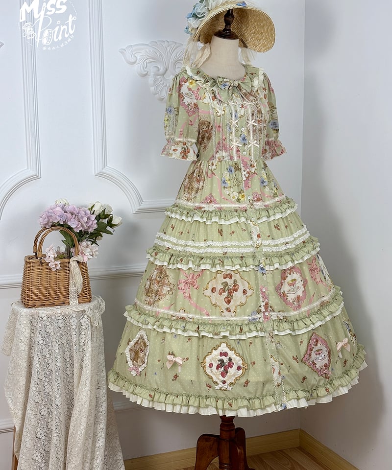 【美品】薔薇のお茶会ワンピース/ロリィタ/半袖/リボン Miss Point 猫とバラのお茶会 ロリィタドレス DX版 前あき
